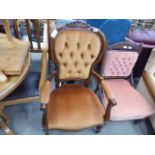 Brown fabric button back armchair with exposed frame