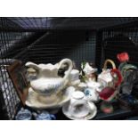 Cage containing carnival glass, bird figures, cups and saucers, small wash stand jug and bowl plus