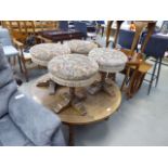 Circular oak table and 4 matching upholstered stools (collectors item - see soft furnishings policy)