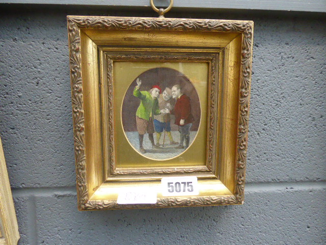 Framed and glazed miniature painting with 3 figures