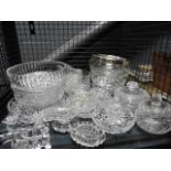 Cage containing a quantity of glassware, to include candlesticks, lidded pots and fruit bowls
