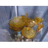 Qty of amber glass dressing table pots and a tray