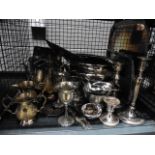 Cage containing a qty of silver plate to inc. trays, kettles, goblets, sugar nips, jugs and