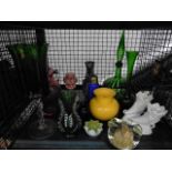 Cage containing ornamental cornucopia, a paperweight, coloured glass vases and sugar shaker