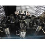 Cage containing silver plate and pewter to include a punch bowl and ale mugs