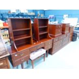 A quantity of G-Plan bedroom furniture comprising a dressing table, open shelves, a pair of