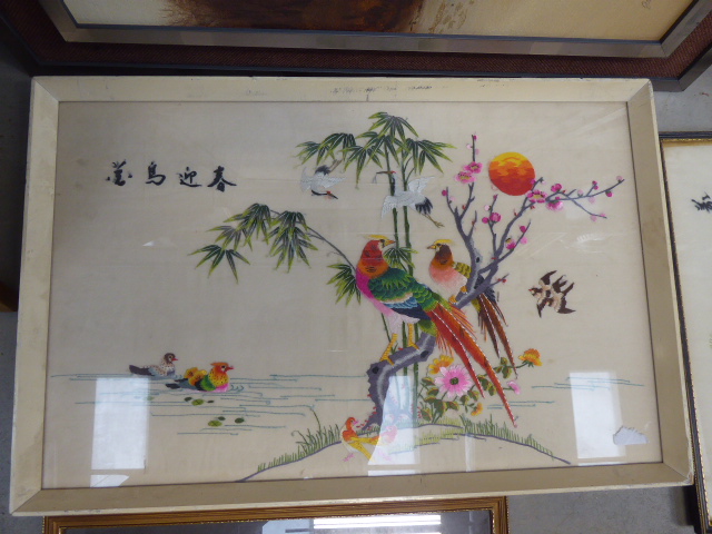 2 modern Chinese embroidered silk wall hangings depicting foliage and birds, print of horses and a - Image 2 of 6