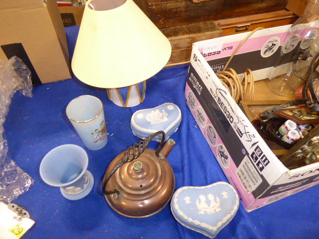 Box containing copper and brassware, a spirit kettle, oil lamp plus Jasperware and prints