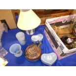 Box containing copper and brassware, a spirit kettle, oil lamp plus Jasperware and prints