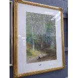 Framed and glazed pastel; figures in woodland