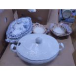 (k&j) 2 boxes containing a blue and white tureen plus a qty of old English iron stone cream glazed