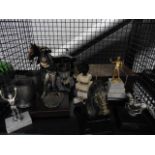 5588. Cage containing golfing trophies, pewter ale mugs, a trinket box and figure of a cart horse