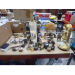2 boxes containing a brass pipe plus ornamental figures, cigarette lighters, a vintage telephone,
