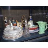 Cage containing ornamental figures, crested ware, collectors plates and dinner plates