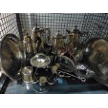 Cage containing silver plate to include coffee pots, galleried trays, a gong and a rose vase