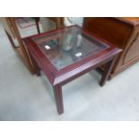 Square dark wood lamp table with glazed insert