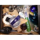 Three boxes containing pair of binoculars, ornamental animals, egg baskets plus loose cutlery ,