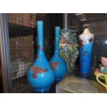 2 Oriental vases, 2 blue glazed vases plus a painted vase (5)