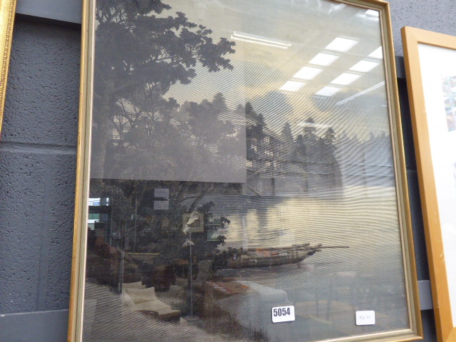 Oriental print on fabric; boat, lake and buildings - Image 2 of 2