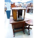 An oak lamp table and a side table with shelf under