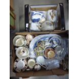 2 Boxes containing butter dishes, glassware, teapots, meat platters and general crockery