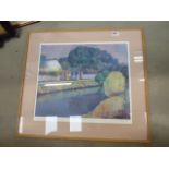 4 framed and glazed prints Mediterranean View with sea, Garden Table, Village Street with cherry