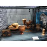 Cage containing a quantity of Treen to include bowls, finials and a page turner