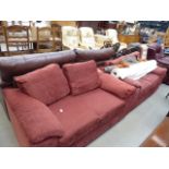 Pair of red fabric 2 seater sofas