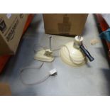 4 boxes containing a heat lamp, a banjo (af), blue and white crockery, ornamental figures, glassware