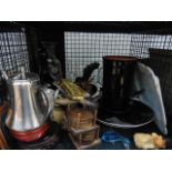 5600. Cage containing wooden coasters, a decanter, floral decorated vase, plus ornaments,