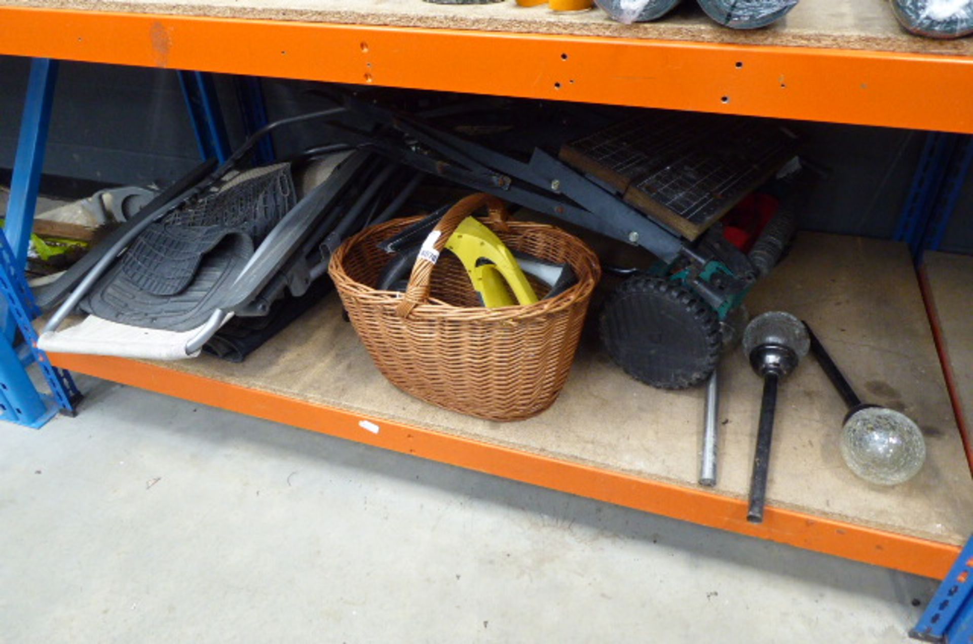 4094 Under bay of assorted items inc. chair, wicker basket, Karcher mop, work bench, mower etc