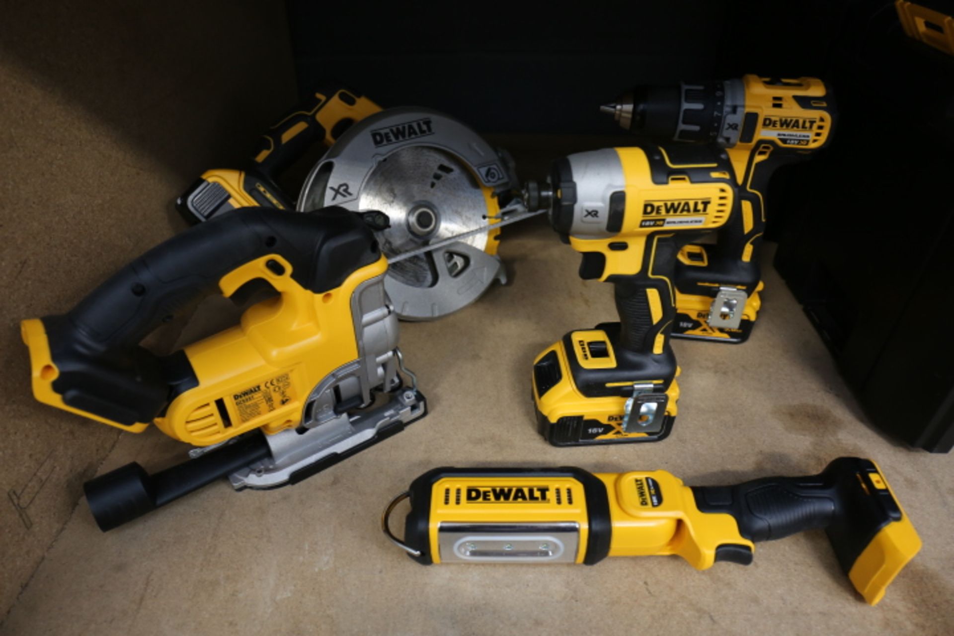 4649 Dewalt toolkit inc. circular saw, jigsaw, torch, impact drive and drill with 3 batteries no - Image 2 of 3