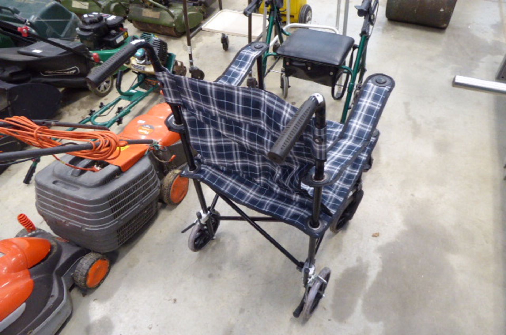 Tartan fold up wheelchair and a brown 3 wheel walking aid - Image 2 of 2