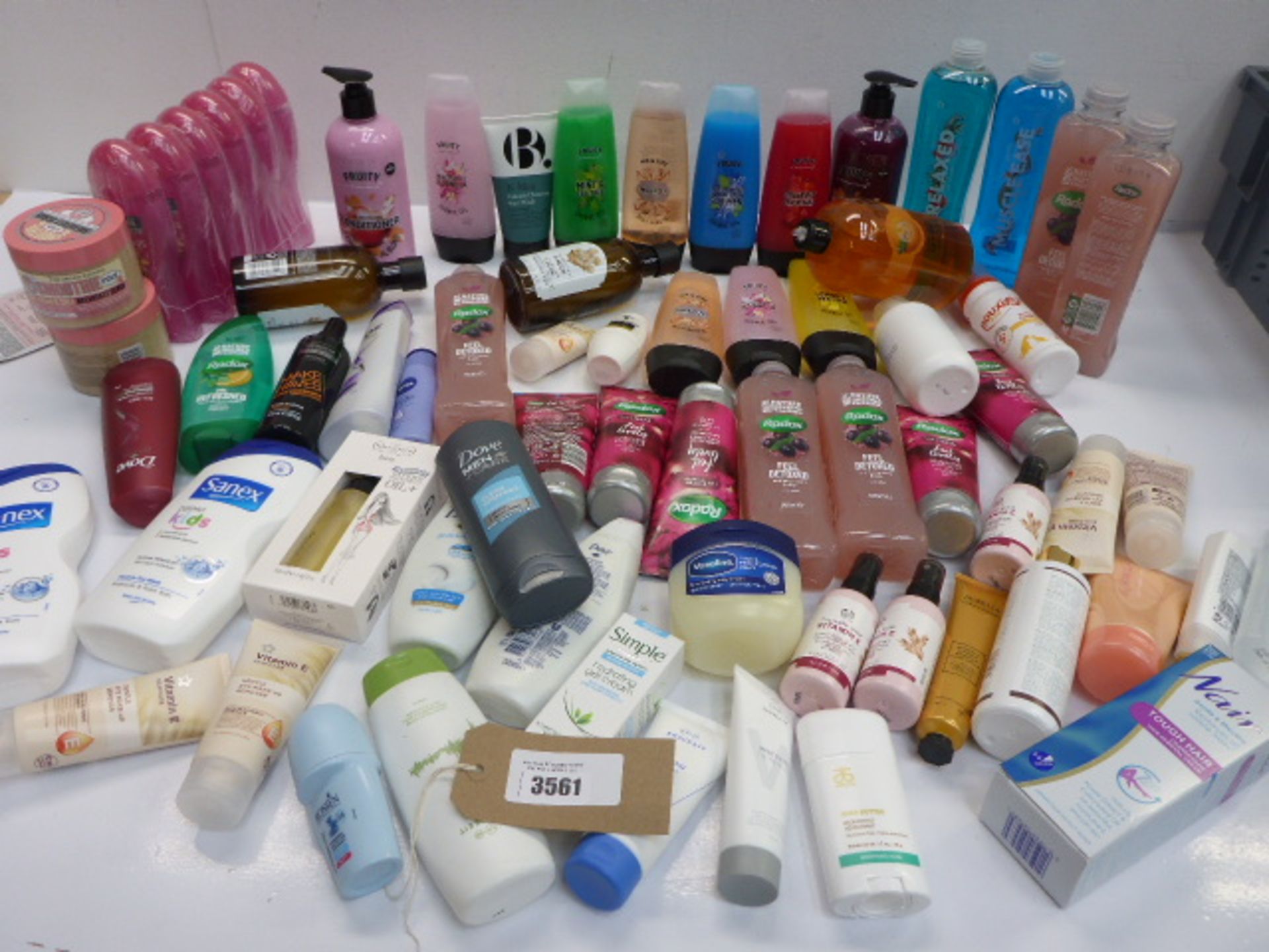 Large bag of toiletries includning shampoo, conditioner, body wash, makeup remover, deodorant,