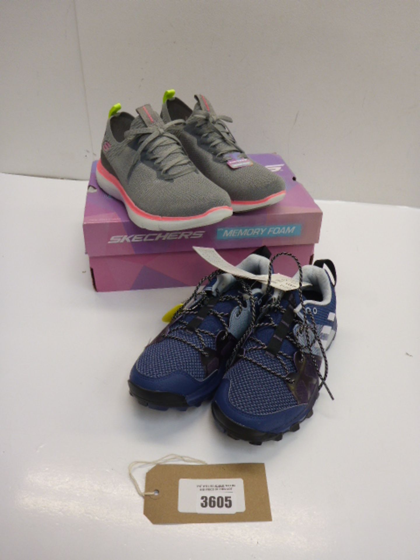 grey/pink Sketchers memory foam trainers UK 8 and a pair of Orthiolite Adidas trainers in blue UK