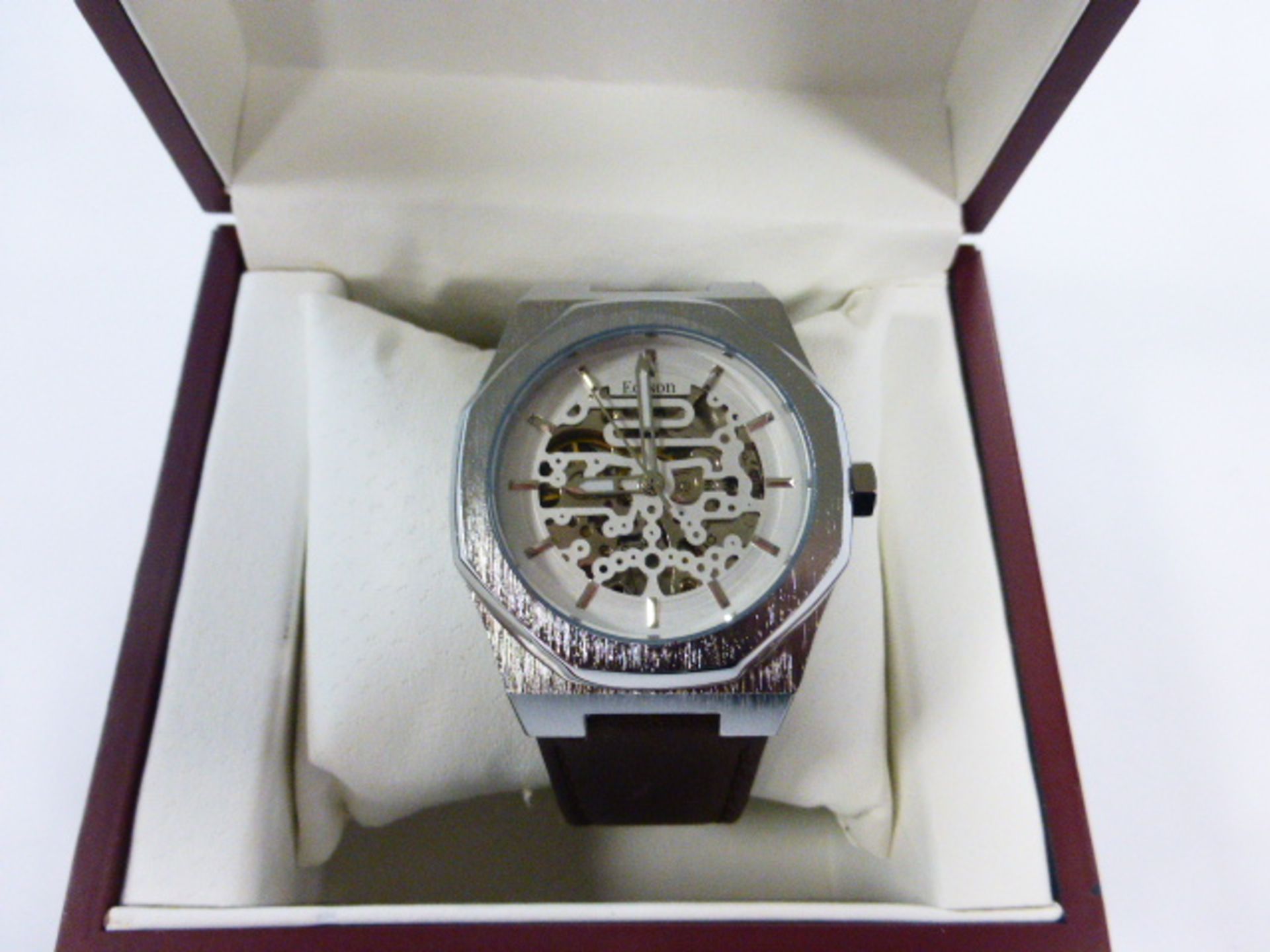 Edison Roadster hexagon gents watch with silver coloured case and brown leather strap - Image 2 of 2