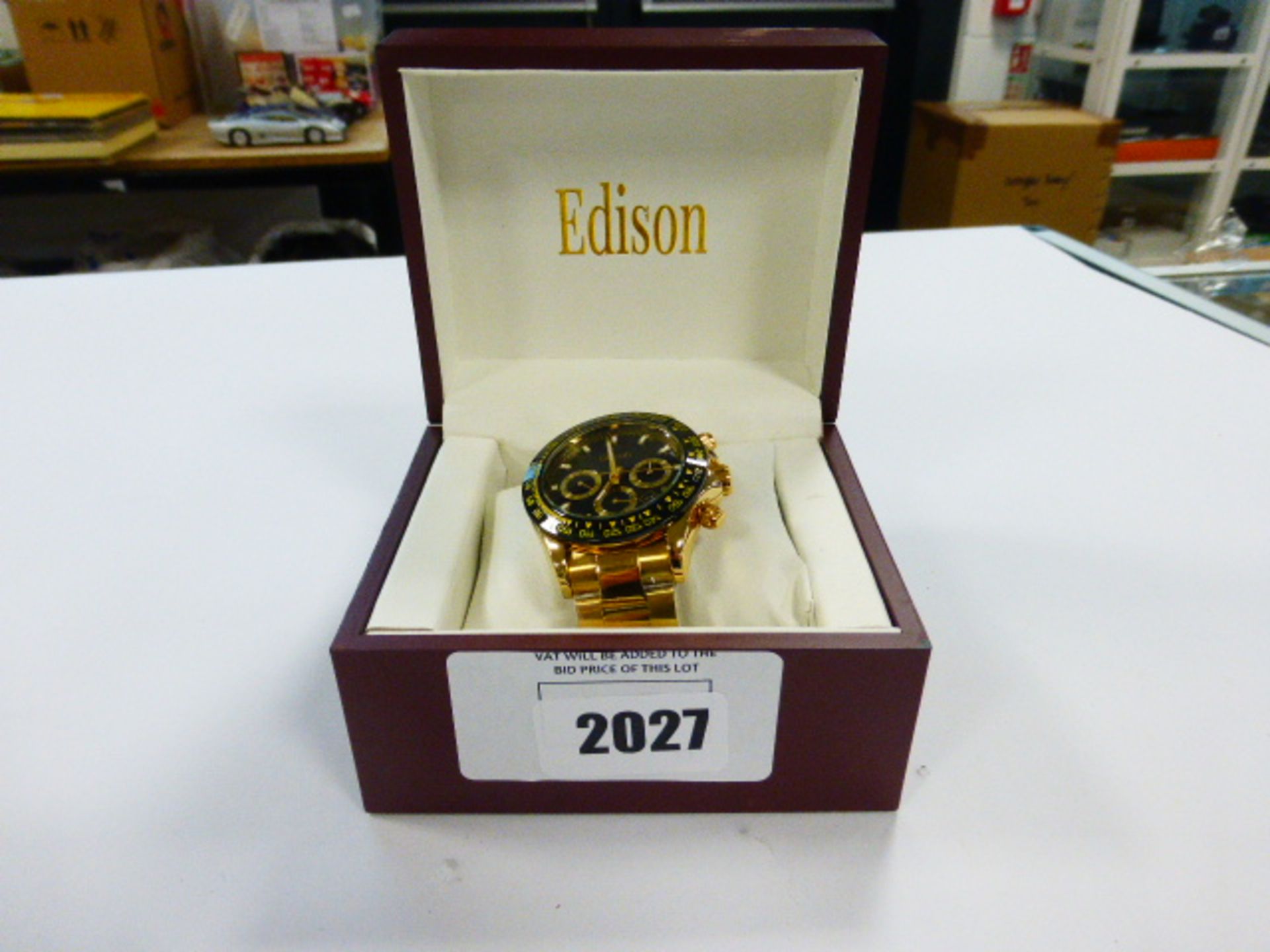 Edison gents automatic gold colour stainless steel strap watch with black dial and chronograph