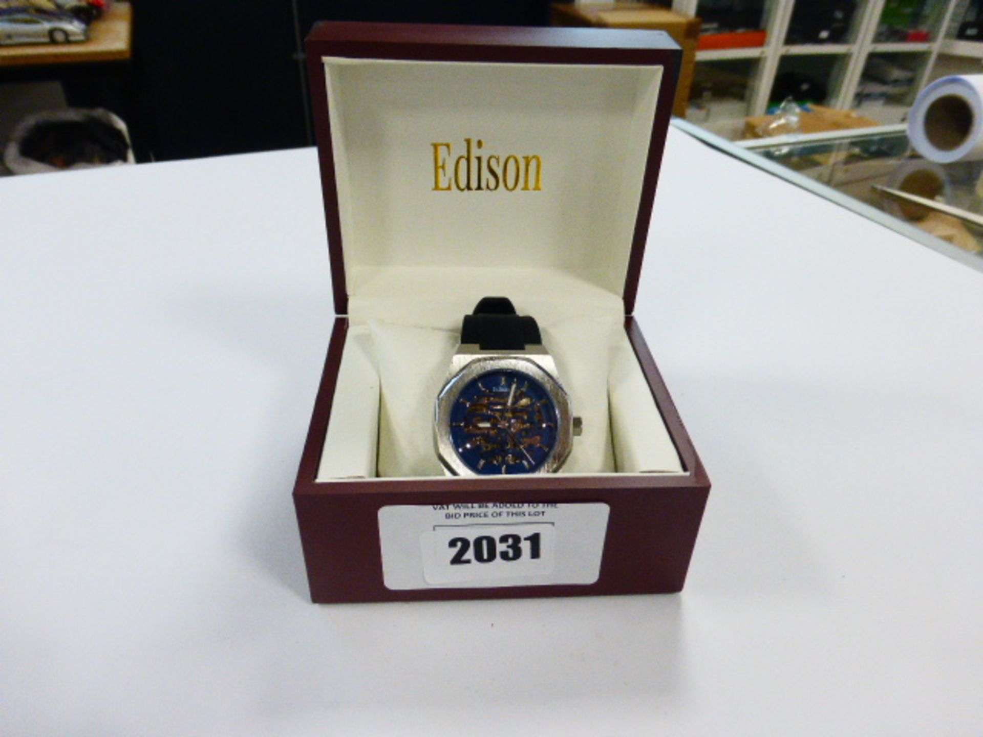 Edison gents skeleton dial octagon bezel watch with silver coloured case and black leather strap