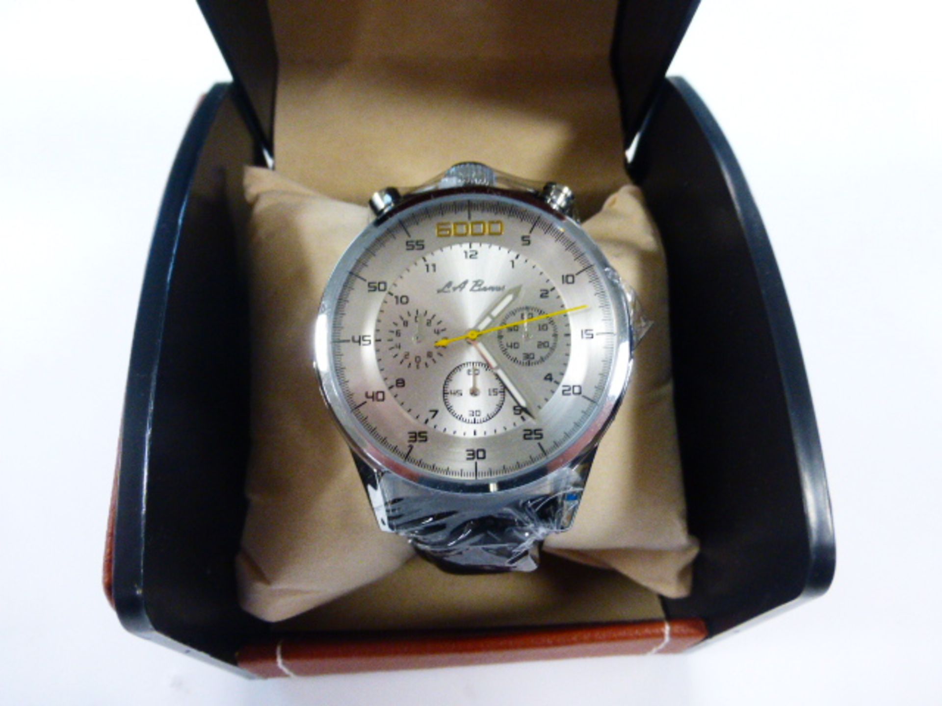 LA Banus 6000 edition chronograph movement watch with silver dial and black leather strap in case - Image 2 of 2