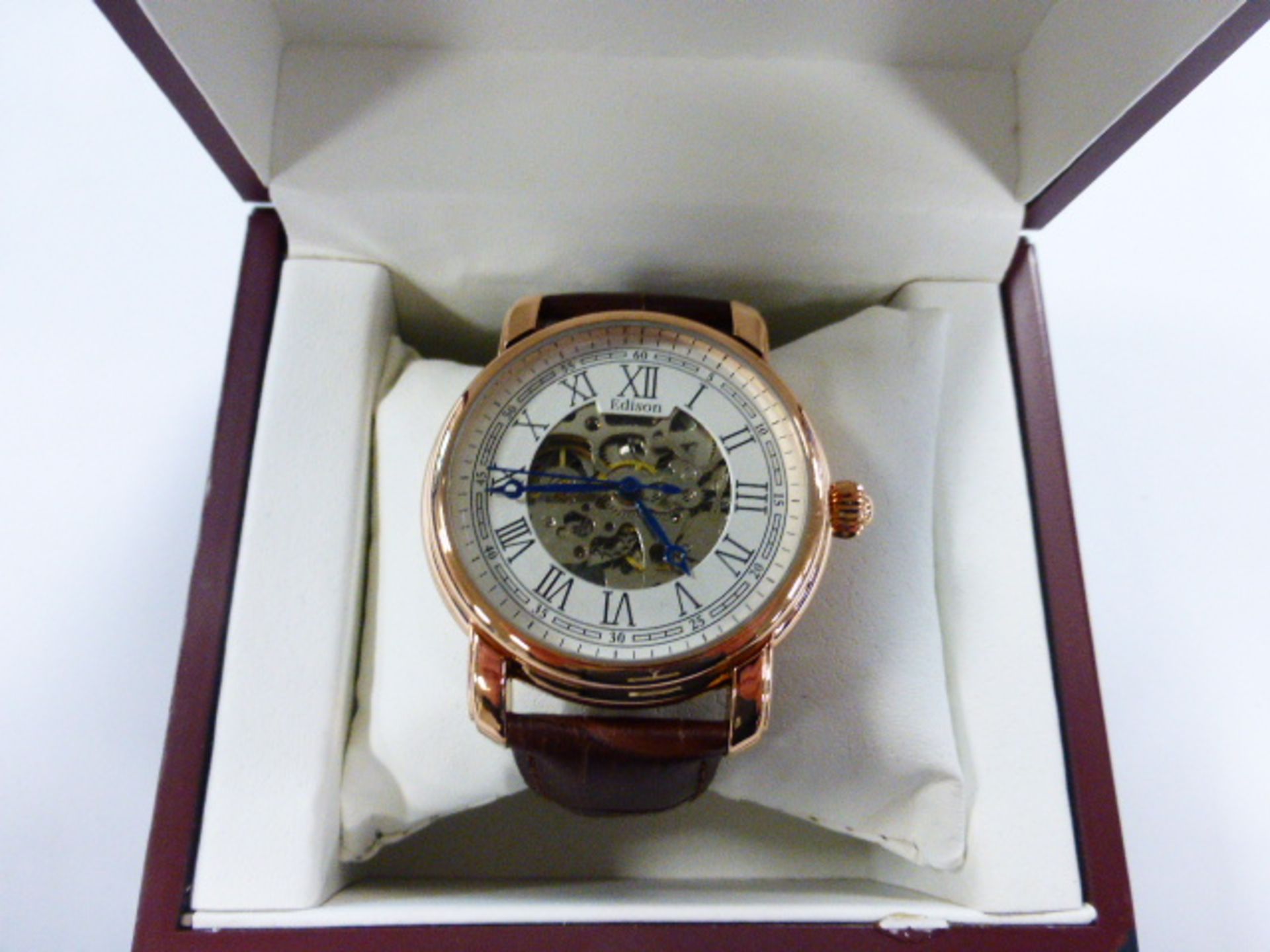 Edison gents automatic skeleton watch with rose gold colour case and light brown leather strap - Image 2 of 2