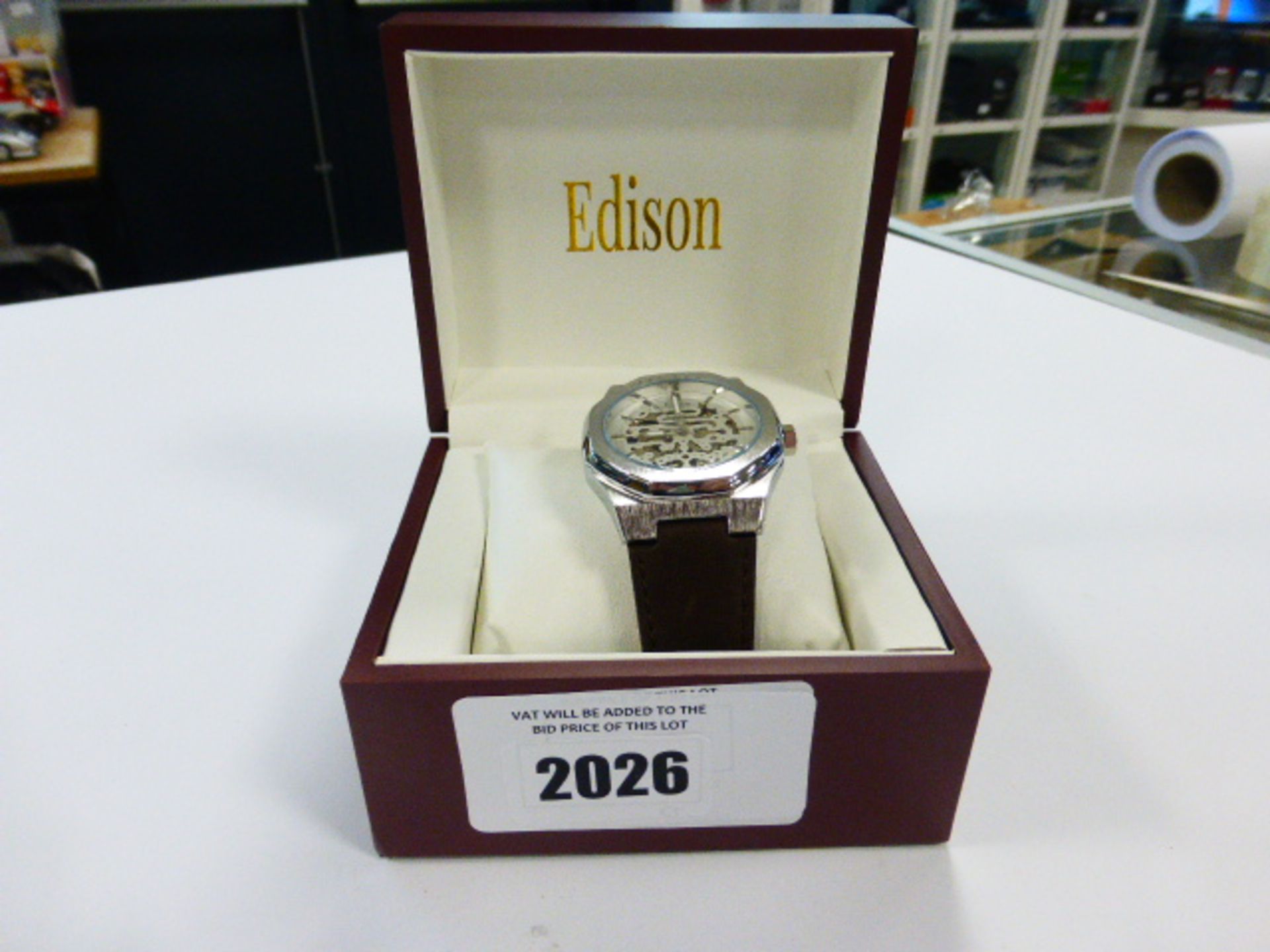 Edison Roadster hexagon gents watch with silver coloured case and brown leather strap