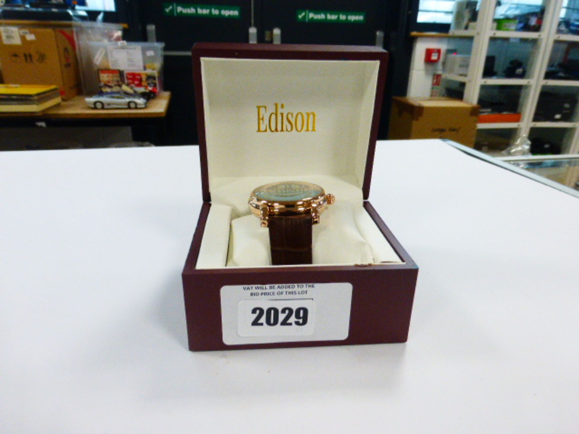 Edison gents automatic skeleton watch with rose gold colour case and light brown leather strap