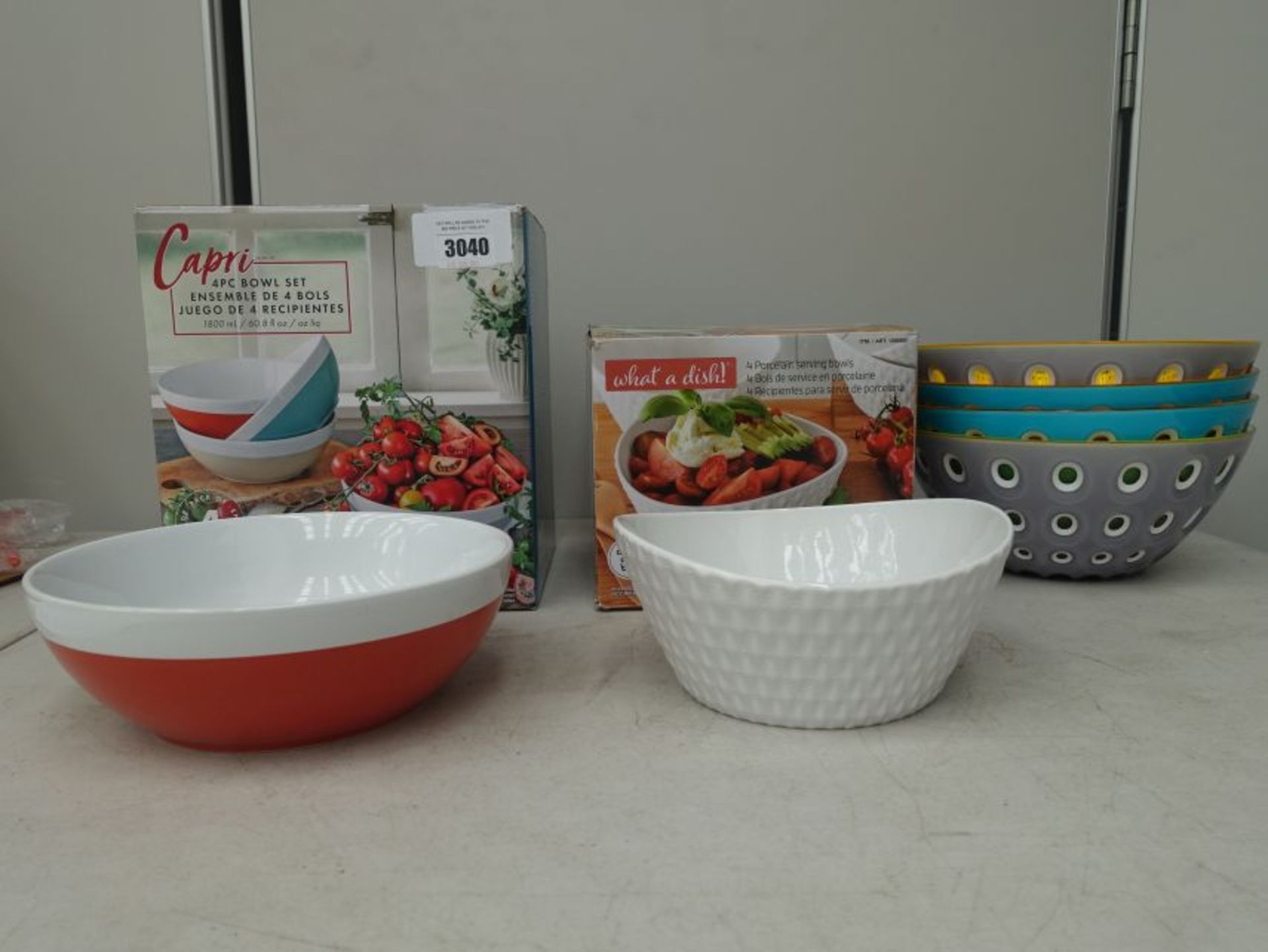 Box of Capri 4-piece bowl set with box of 3 porcelain serving bowls and mixed coloured Guzzini