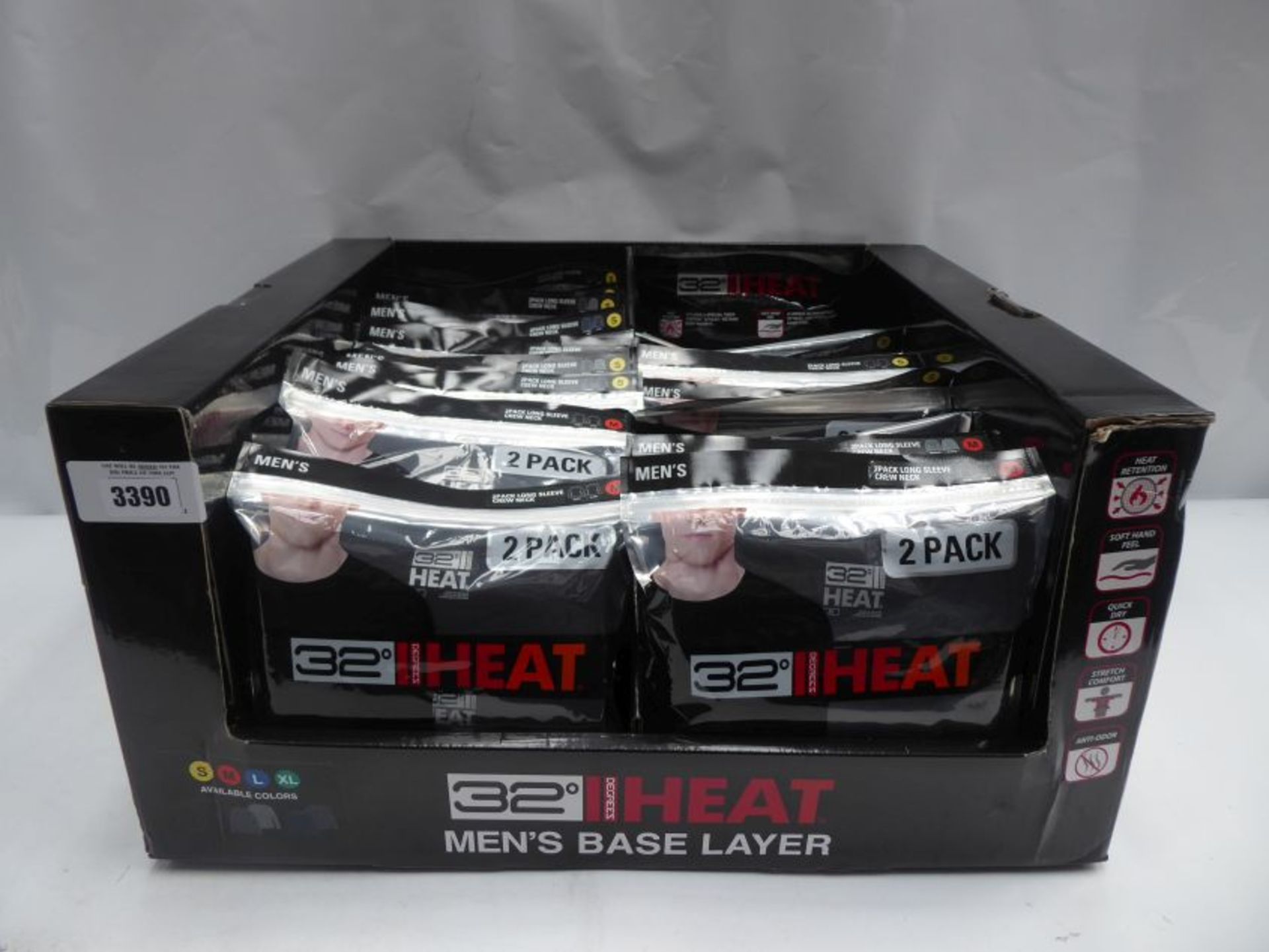 Box containing 24 packs of 32 Degree Heat long sleeved crew neck t-shirts (2 x t-shirt per pack)