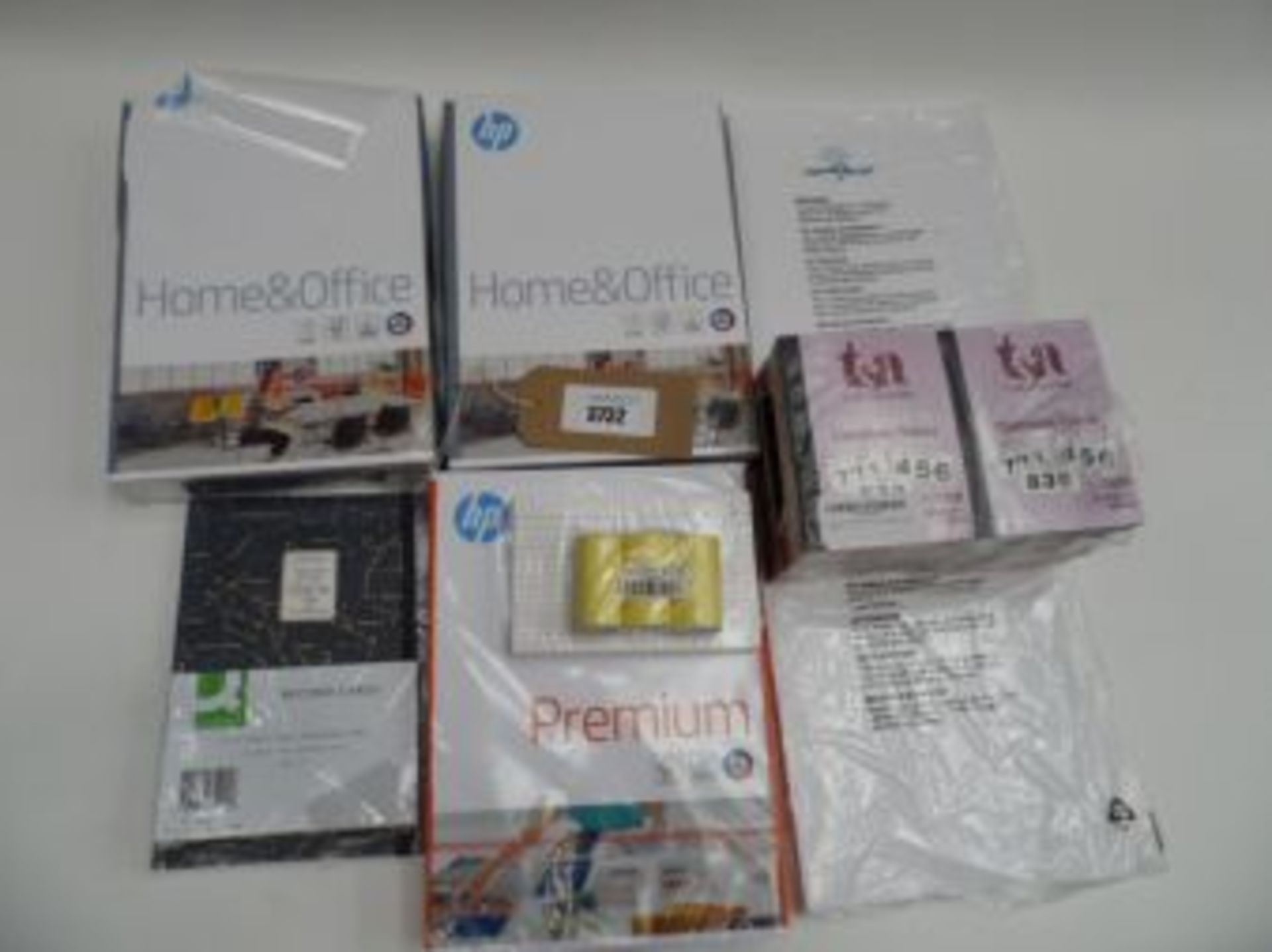 Quantity of HP Premium paper, HP Home & Office paper, cloakroom tickets, record cards, card