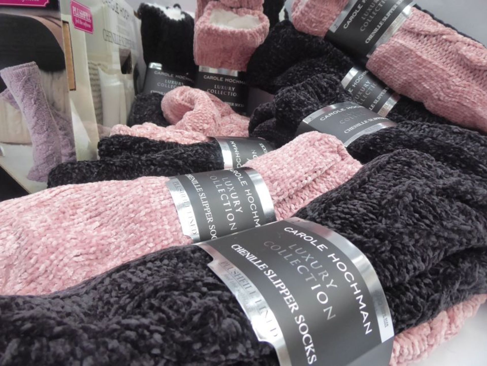 Box containing Chenille slipper socks by Carole Hochman in pink and charcoal, 24 x twin pack per - Image 2 of 2