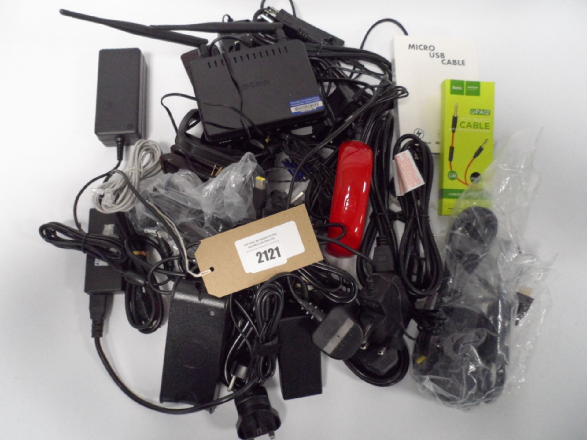 Bag of loose electrical sundries including chargers, usb cables, D-Link Router, etc