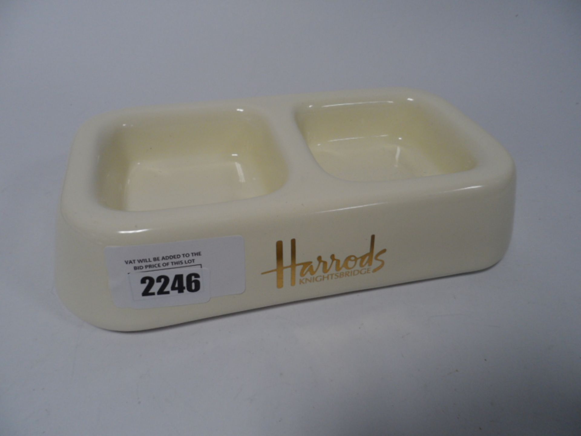 Harrods twin tray ceramic pet food bowl.