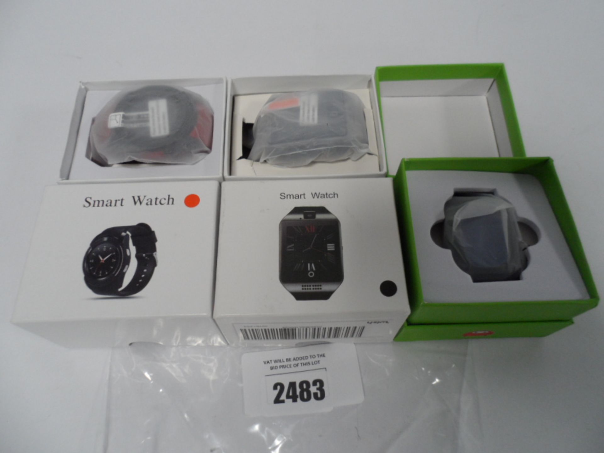 Bag containing three generic android smart watches boxed.