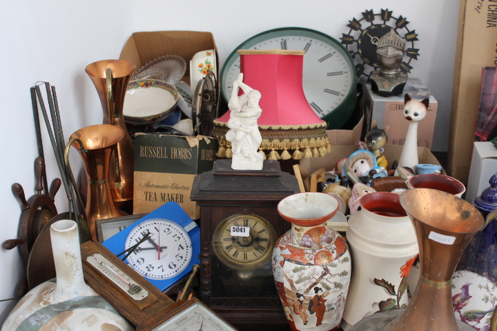 Quantity of childrens money boxes, clocks, wall barometer, copper jug, dominoes and cards